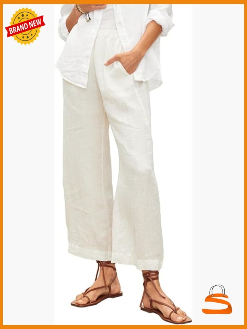 Woven Linen Pull-On Pants with Pockets Mid Rise Straight Leg